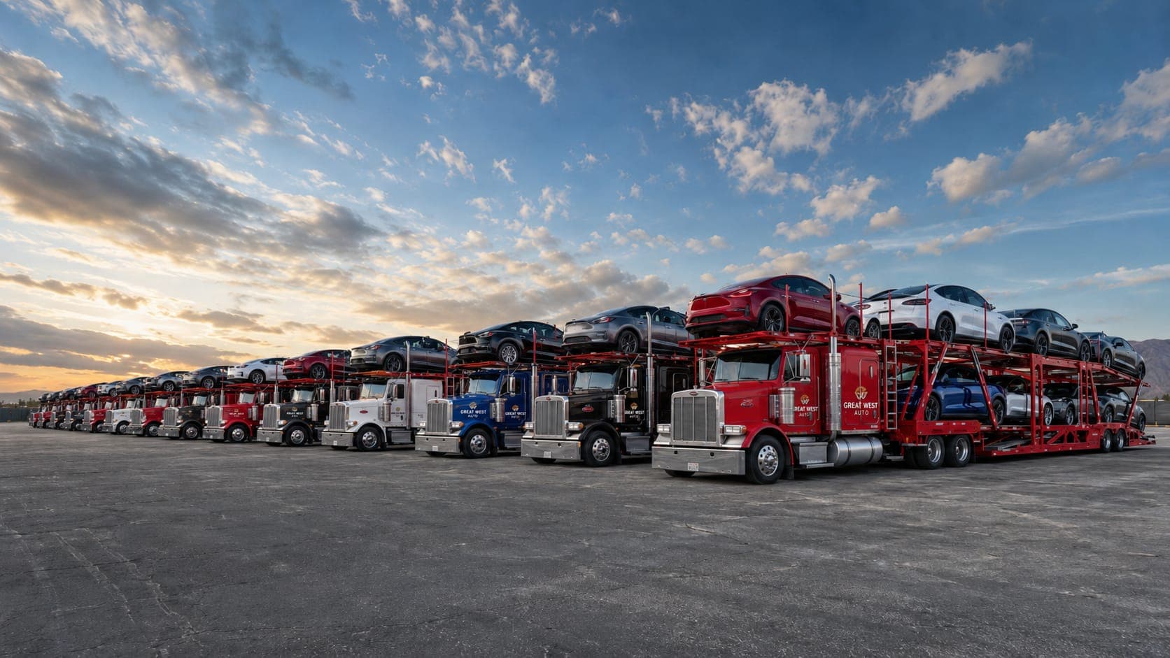 Great West Auto fleet of semi trucks on the highway